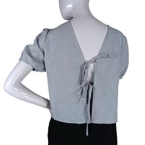 Gingham Boxy Blouse SIze Medium Blue and White Short Balloon Sleeves Tie Back